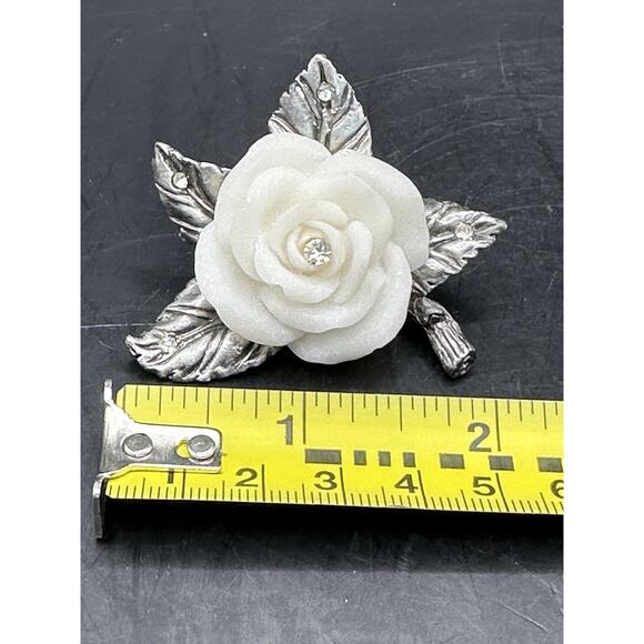 Unique Pewter and Carved White Stone Rose with Crystal Center Sculpture 2 Inch - Picture 6 of 6